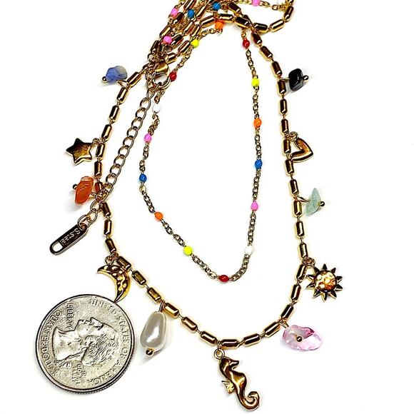 NEW Gold Sea Glass & Enamel Charm Double Strand Necklace - Picture 10 of 10